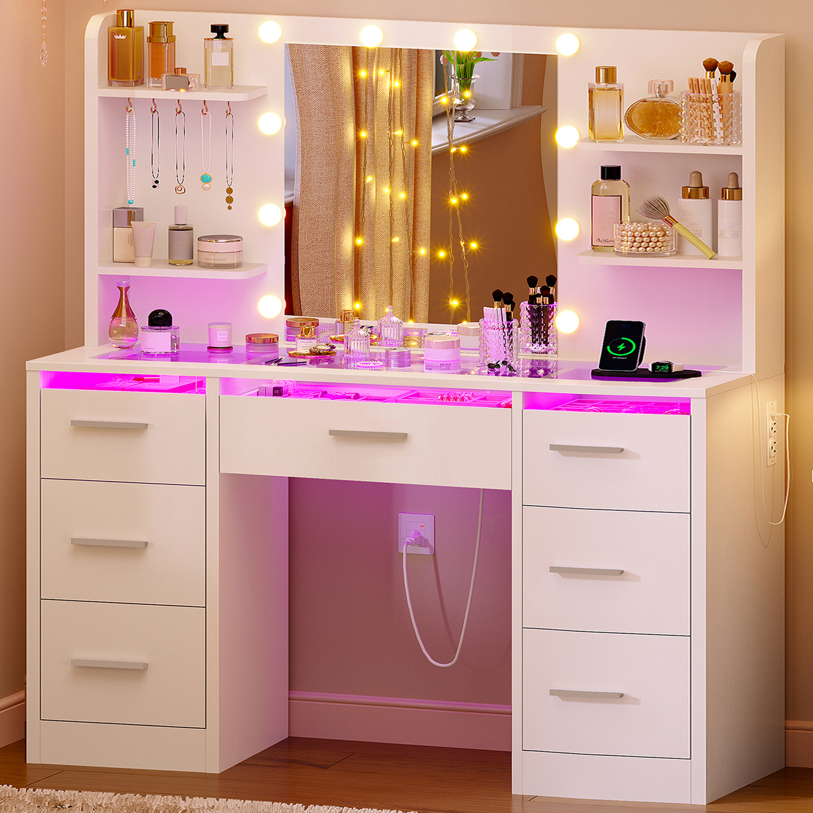 Drawer Dresser White - Vanity Desk with Glass Top, RGB