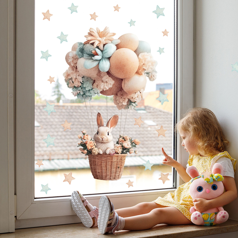 Baby Nursery Hot Air Balloon - Cartoon Baby Rabbit Hot-air Balloon Stars