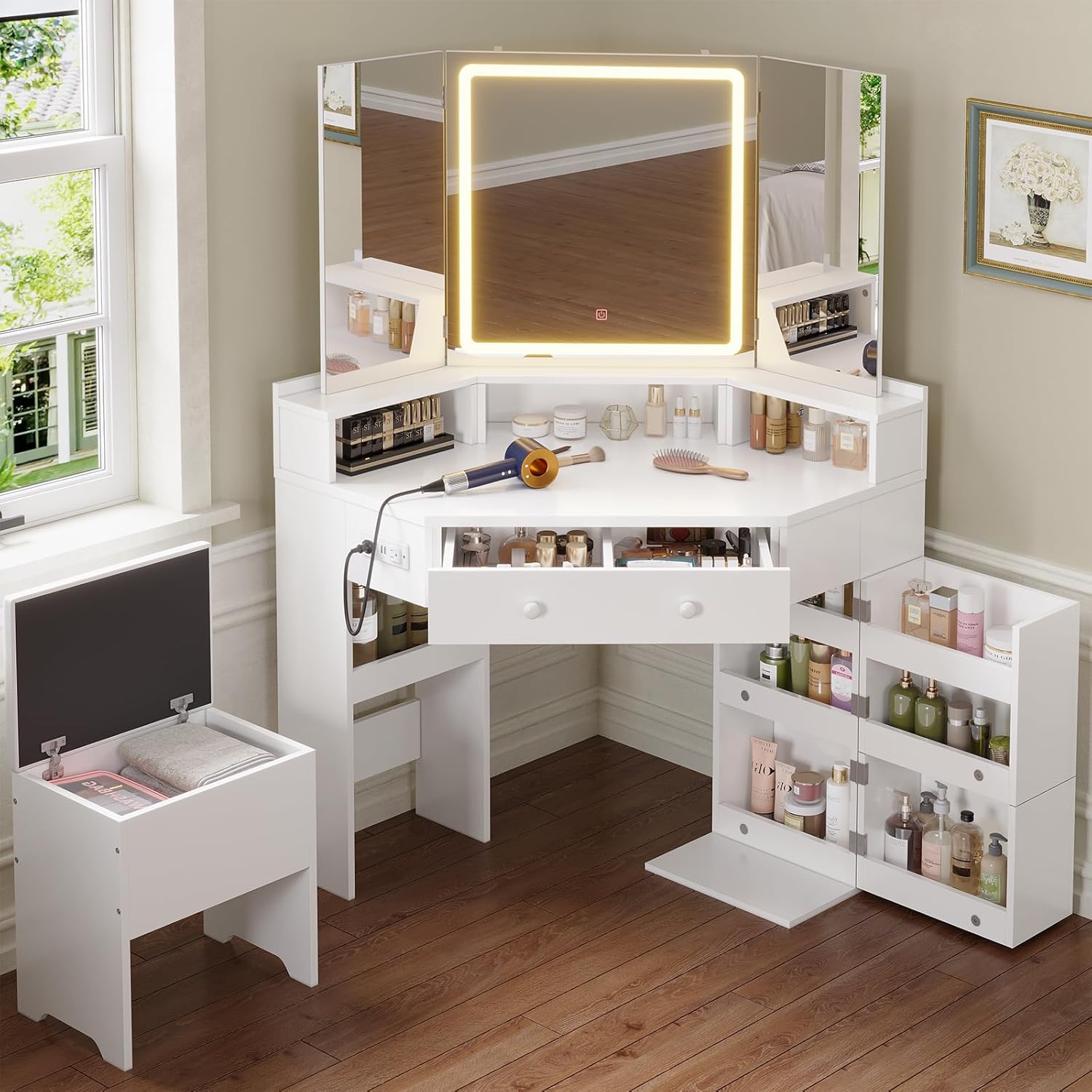 Drawer Dresser White - Tri-Fold Mirror Lighted Vanity Desk with