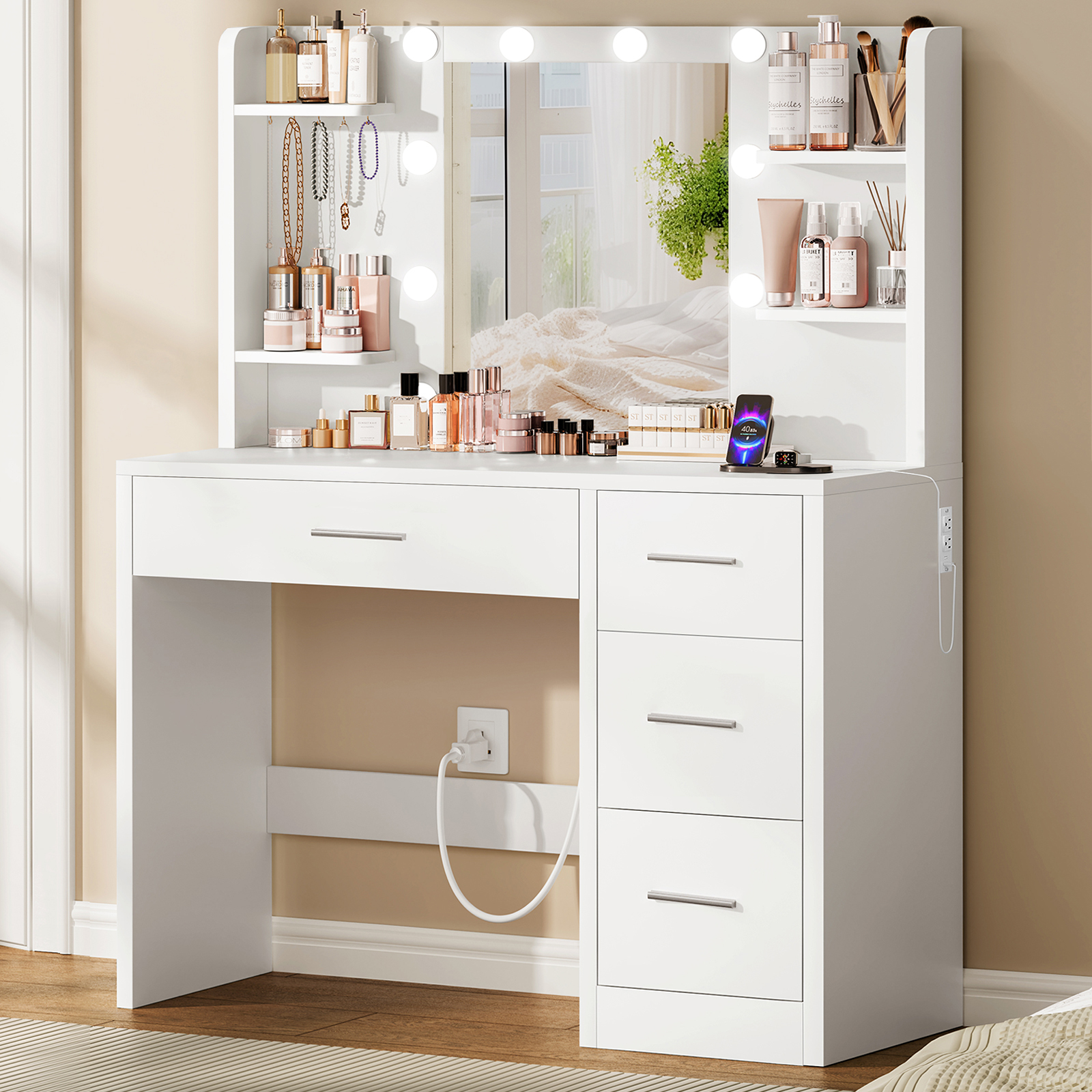 Drawer Dresser White - Vanity Desk with Mirror and Lights,