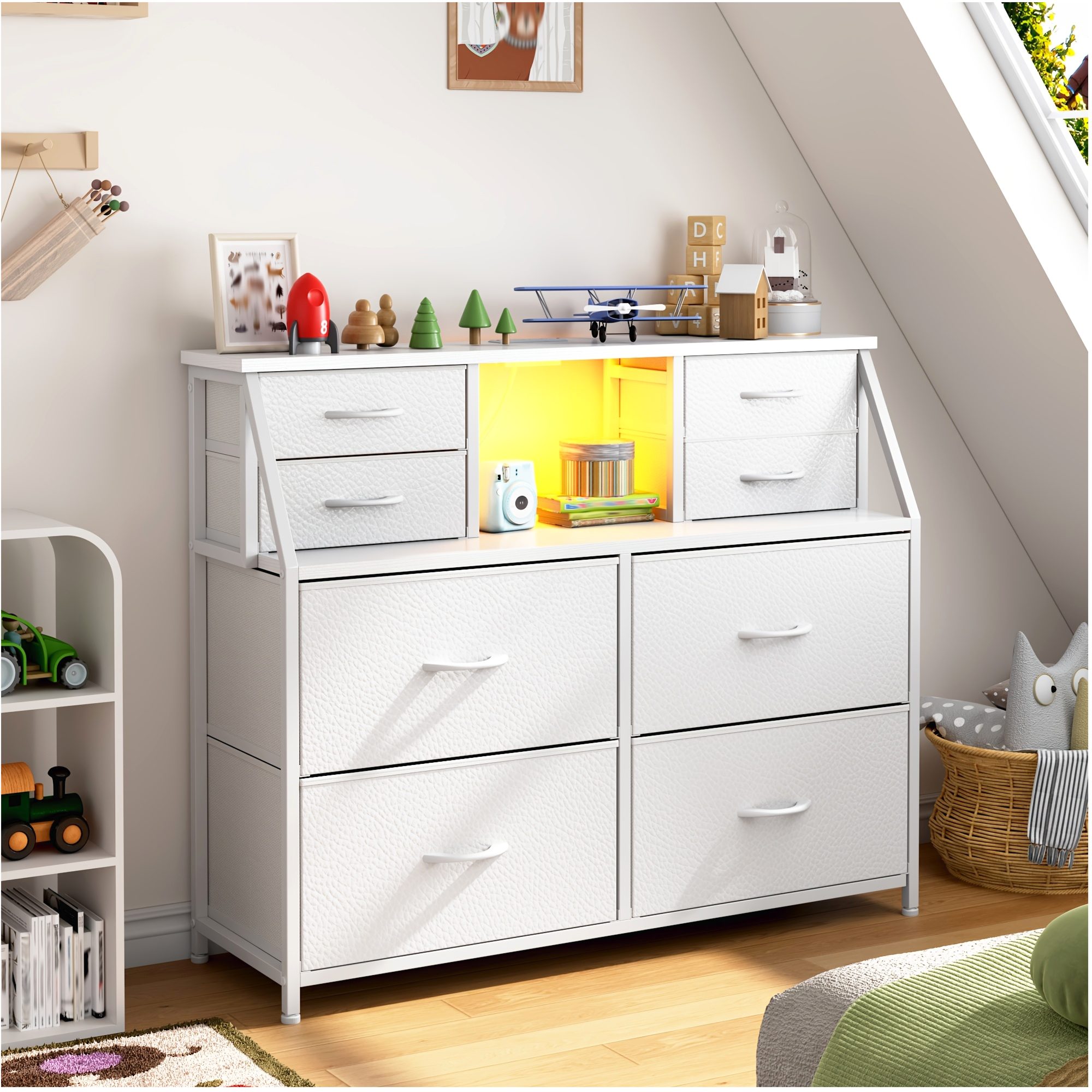 Drawer Dresser White - 8-Drawer Wooden-Top Dresser with Built-in Power