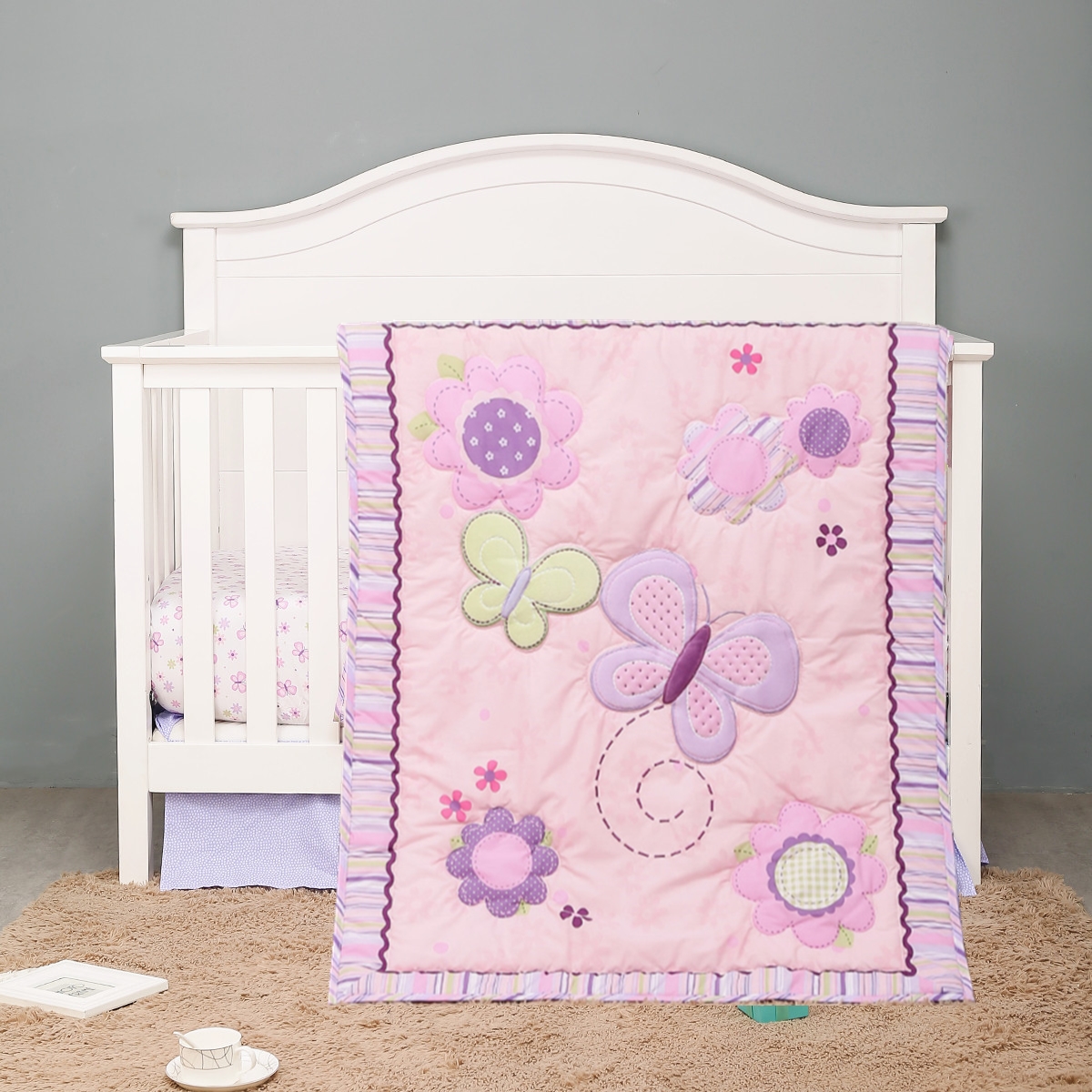 Baby Nursery Bedding Sets - 3Pcs Purple Butterfly Baby Girl Nursery