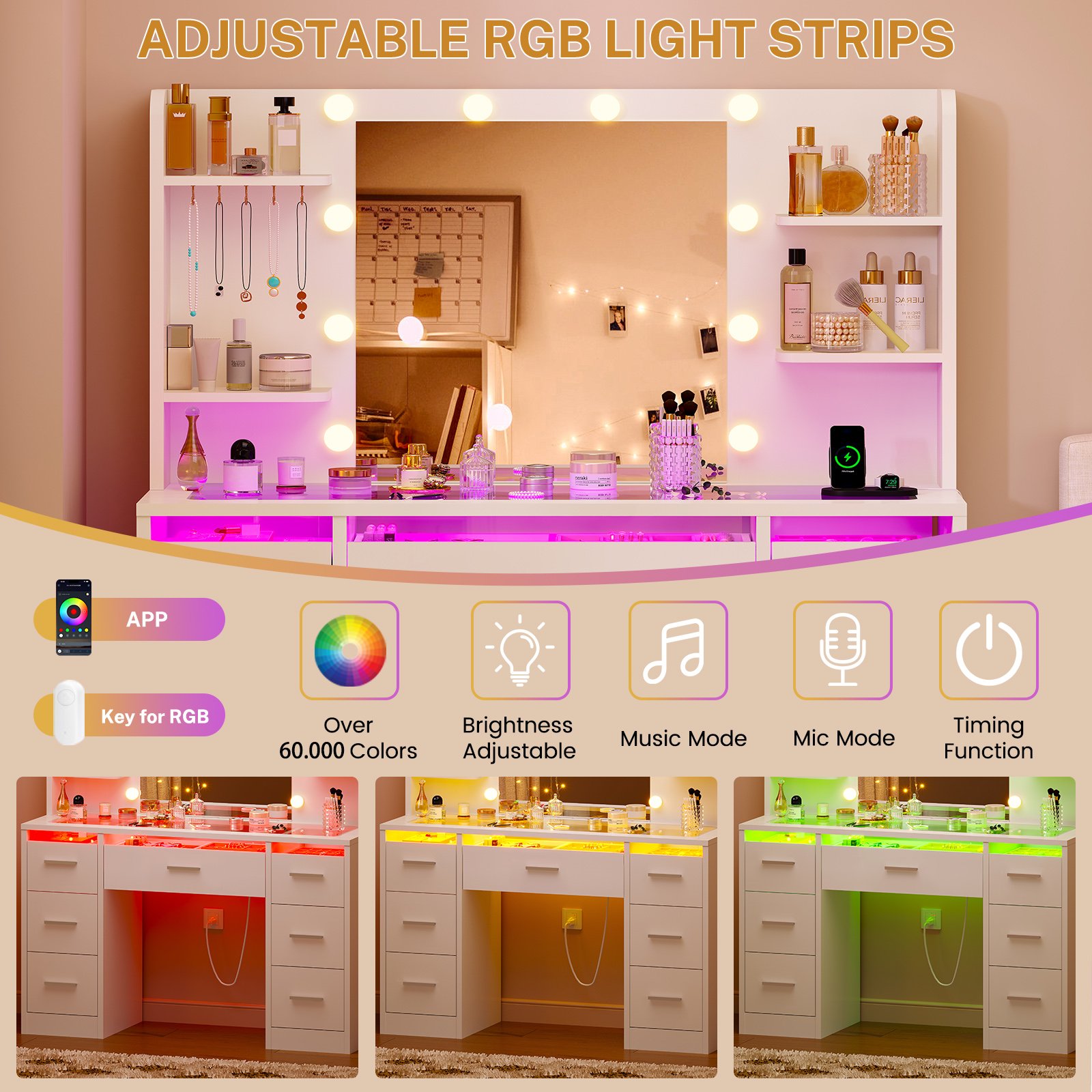 Vanity Desk with Glass Top, RG - đánh giá và giá Drawer Dresser White