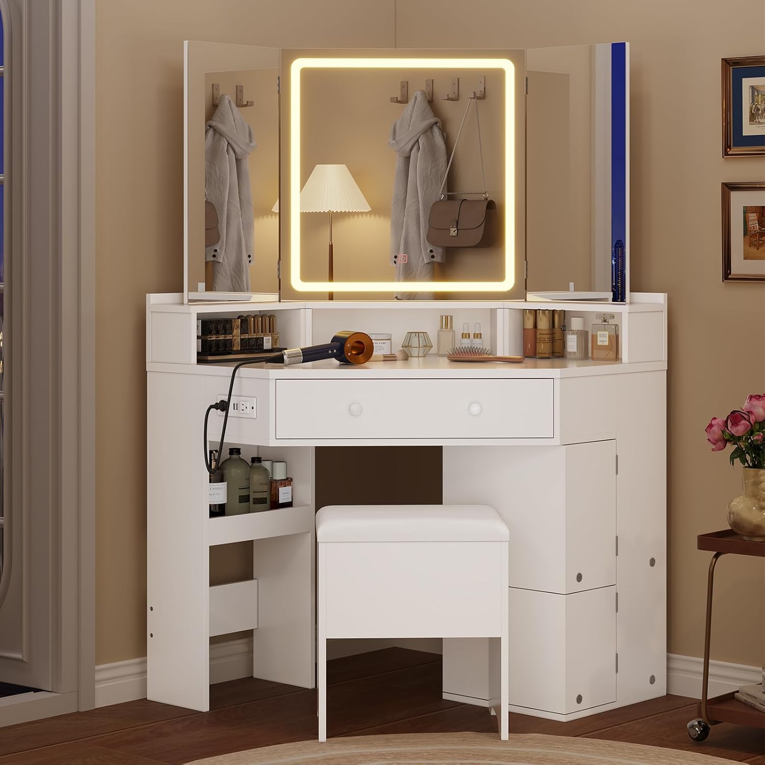 Tri-Fold Mirror Lighted Vanity - đánh giá và giá Drawer Dresser White