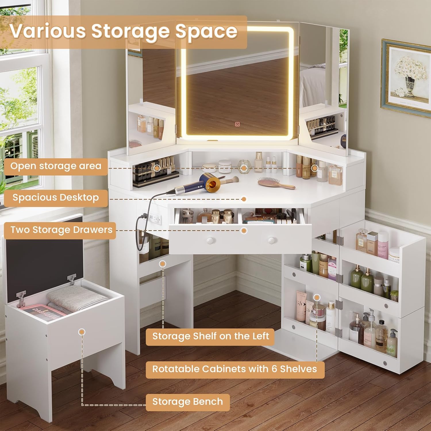 Tri-Fold Mirror Lighted Vanity - đánh giá và giá Drawer Dresser White