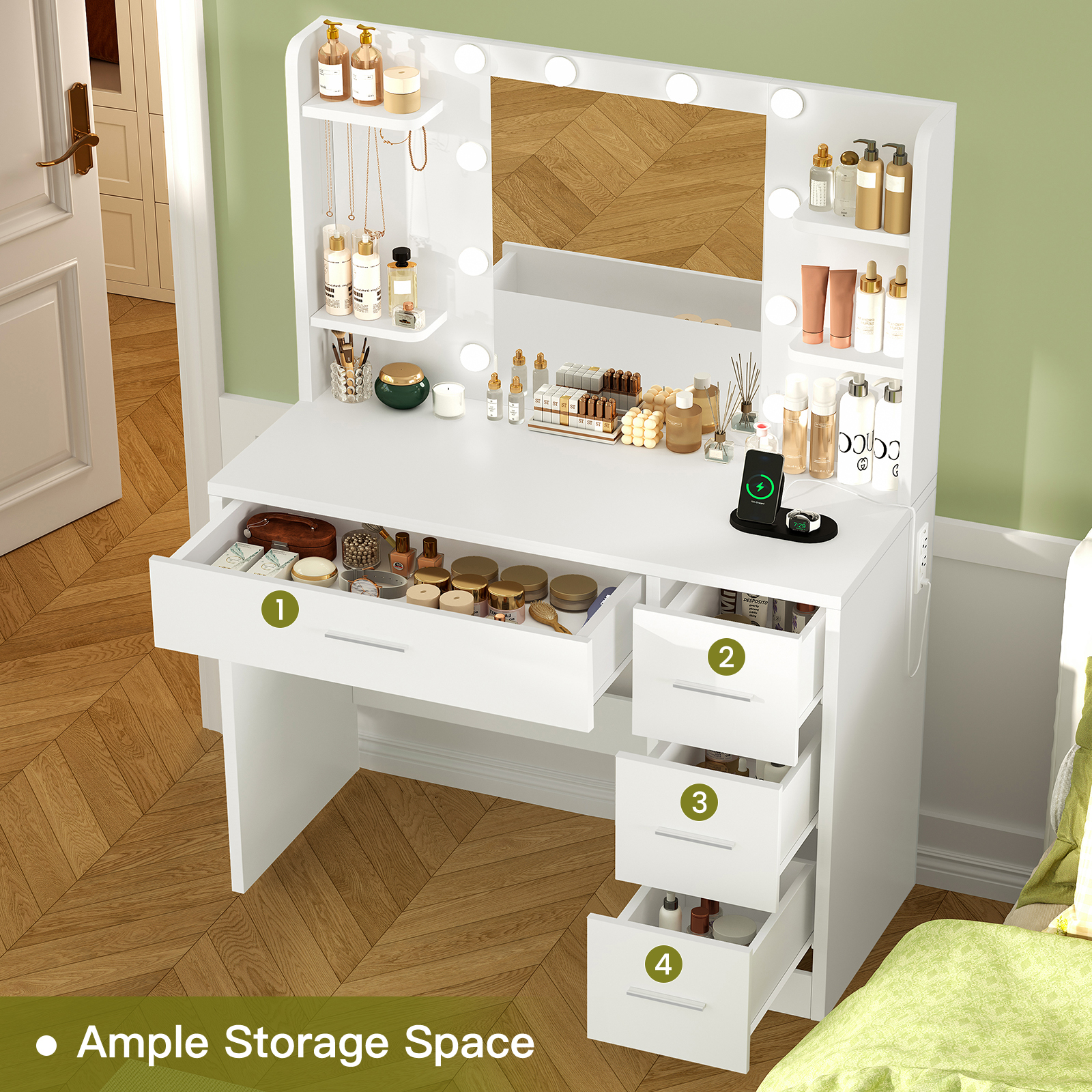 Vanity Desk with Mirror and Li - đánh giá và giá Drawer Dresser White