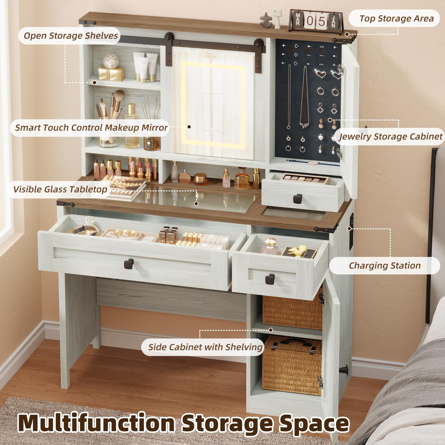 42in Farmhouse Makeup Vanity D - đánh giá và giá Drawer Dresser White