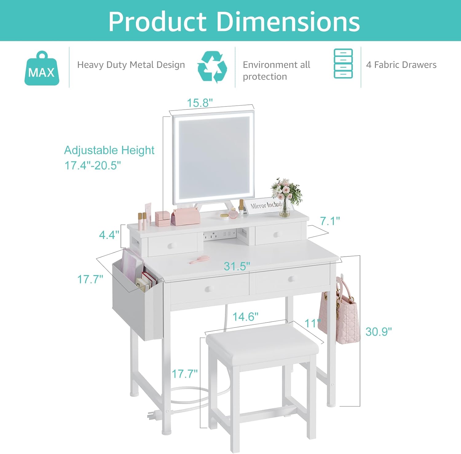 White Makeup Vanity Desk with  - đánh giá và giá Drawer Dresser White